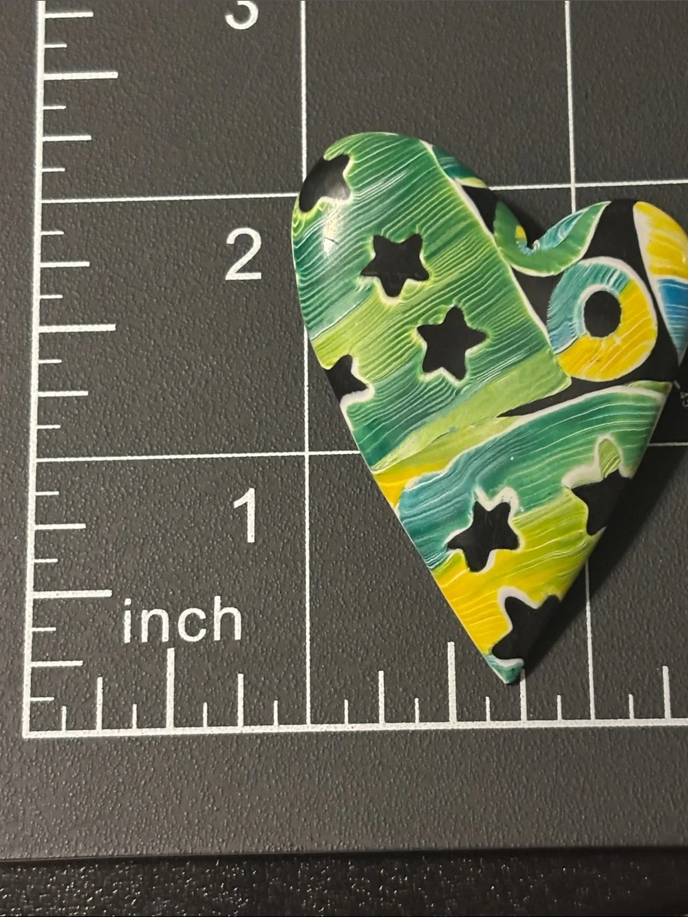 Artisan Green, Yellow, Blue & Black Heart Ceramic Accent Brooch